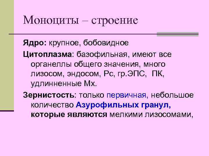 Моноциты – строение Ядро: крупное, бобовидное Цитоплазма: базофильная, имеют все органеллы общего значения, много