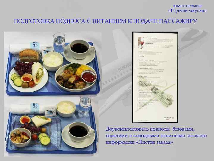 КЛАСС ПРЕМЬЕР «Горячие закуски» ПОДГОТОВКА ПОДНОСА С ПИТАНИЕМ К ПОДАЧЕ ПАССАЖИРУ Доукомплектовать подносы блюдами,