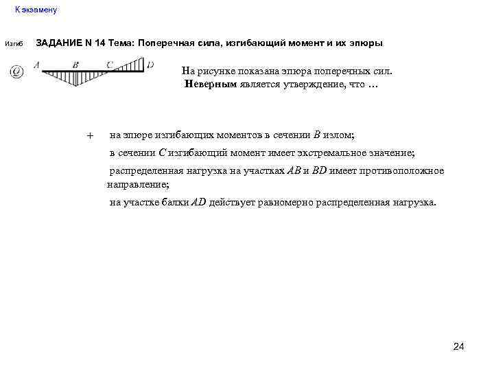 К экзамену Изгиб ЗАДАНИЕ N 14 Тема: Поперечная сила, изгибающий момент и их эпюры