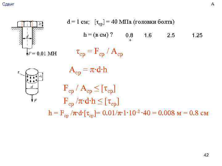 А Cдвиг d = 1 см; [τср] = 40 МПа (головки болта) h =