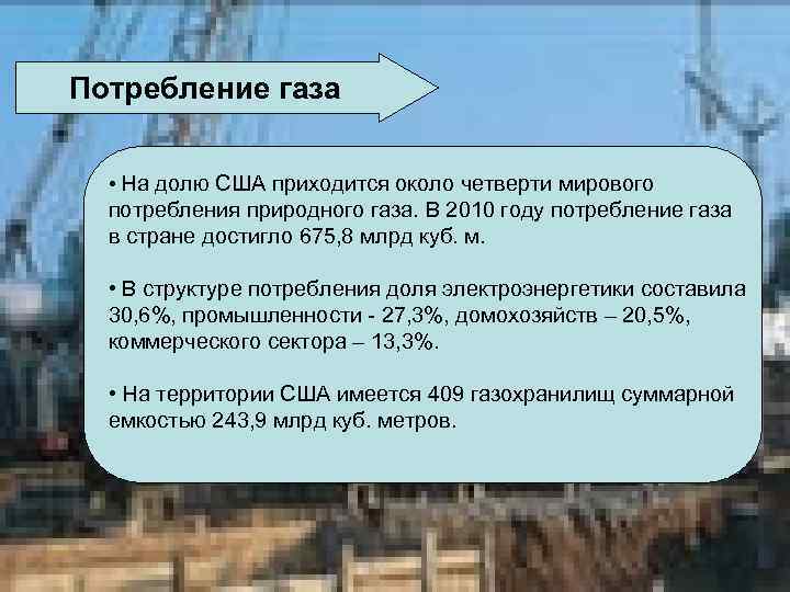 Потребление газа • На долю США приходится около четверти мирового потребления природного газа. В