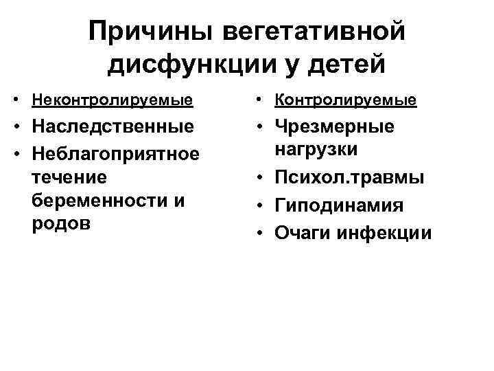 Причины вегетативной дисфункции у детей • Неконтролируемые • Контролируемые • Наследственные • Неблагоприятное течение