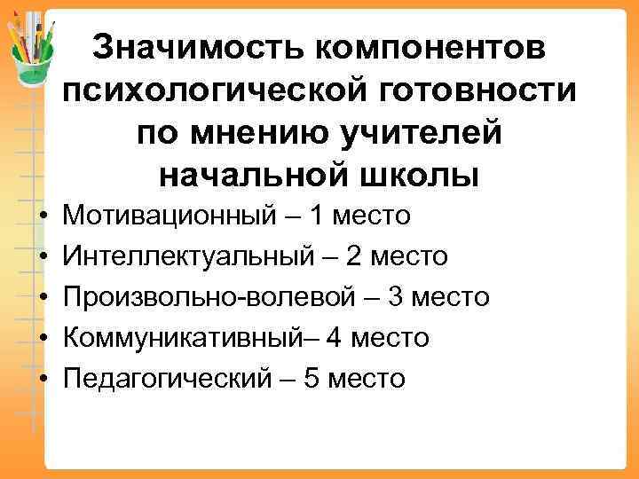 Значимость компонентов психологической готовности по мнению учителей начальной школы • • • Мотивационный –