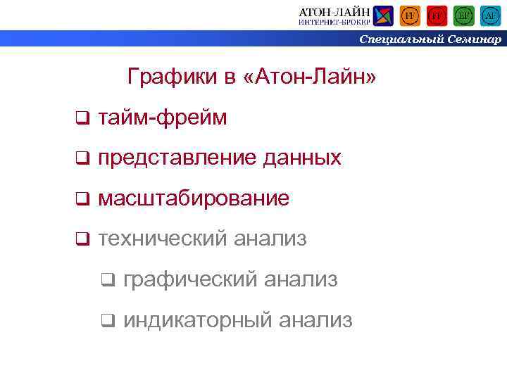 Специальный Семинар Графики в «Атон-Лайн» q тайм-фрейм q представление данных q масштабирование q технический