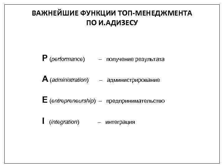 ВАЖНЕЙШИЕ ФУНКЦИИ ТОП-МЕНЕДЖМЕНТА ПО И. АДИЗЕСУ P (performance) – получение результата A (administration) –
