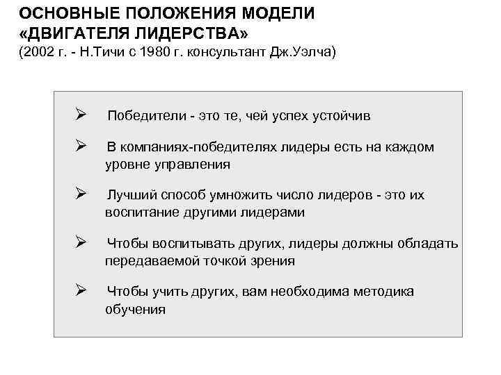 ОСНОВНЫЕ ПОЛОЖЕНИЯ МОДЕЛИ «ДВИГАТЕЛЯ ЛИДЕРСТВА» (2002 г. - Н. Тичи с 1980 г. консультант