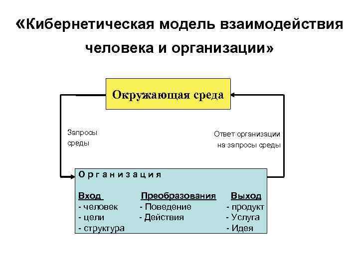  «Кибернетическая модель взаимодействия человека и организации» Окружающая среда Запросы среды Ответ организации на