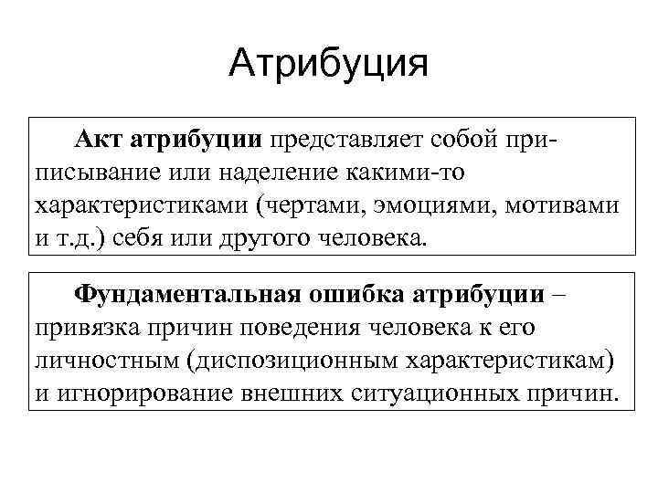 Атрибуция Акт атрибуции представляет собой при писывание или наделение какими то характеристиками (чертами, эмоциями,