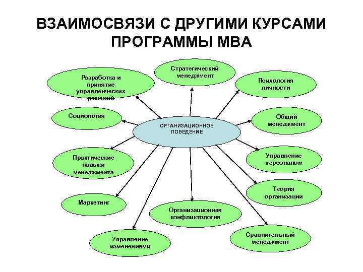 ВЗАИМОСВЯЗИ С ДРУГИМИ КУРСАМИ ПРОГРАММЫ МВА Разработка и принятие управленческих решений Стратегический менеджмент Социология