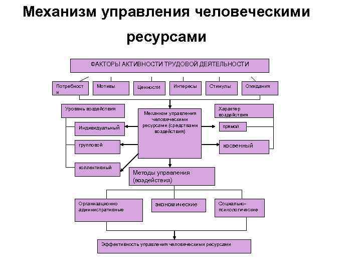 Механизм управления человеческими ресурсами ФАКТОРЫ АКТИВНОСТИ ТРУДОВОЙ ДЕЯТЕЛЬНОСТИ Потребност и Мотивы Уровень воздействия Индивидуальный