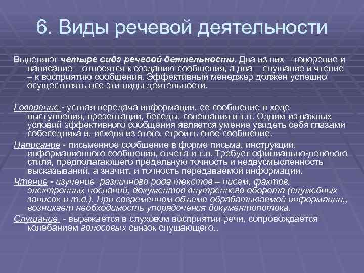 6. Виды речевой деятельности Выделяют четыре вида речевой деятельности. Два из них – говорение