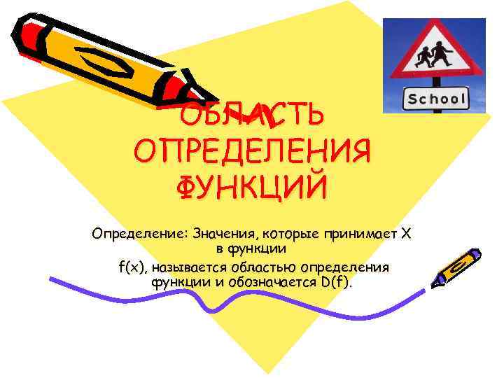 ОБЛАСТЬ ОПРЕДЕЛЕНИЯ ФУНКЦИЙ Определение: Значения, которые принимает Х в функции f(x), называется областью определения
