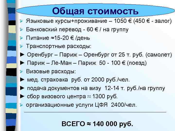 Общая стоимость Языковые курсы+проживание – 1050 € (450 € - залог) Ø Банковский перевод