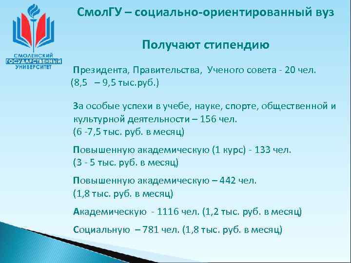  Смол. ГУ – социально-ориентированный вуз   Получают стипендию Президента, Правительства, Ученого совета