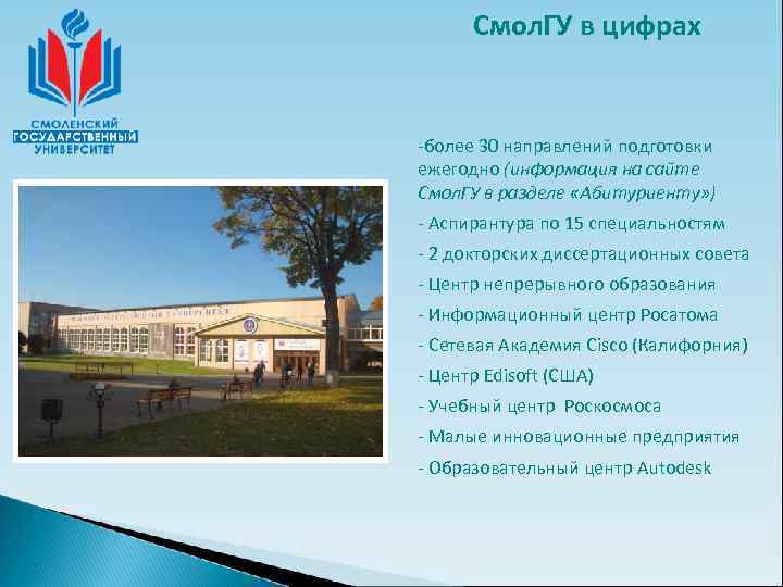  Смол. ГУ в цифрах  -более 30 направлений подготовки ежегодно (информация на сайте