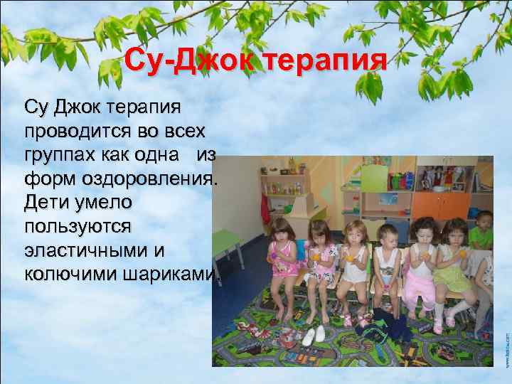 Су-Джок терапия Су Джок терапия проводится во всех группах как одна из форм оздоровления.