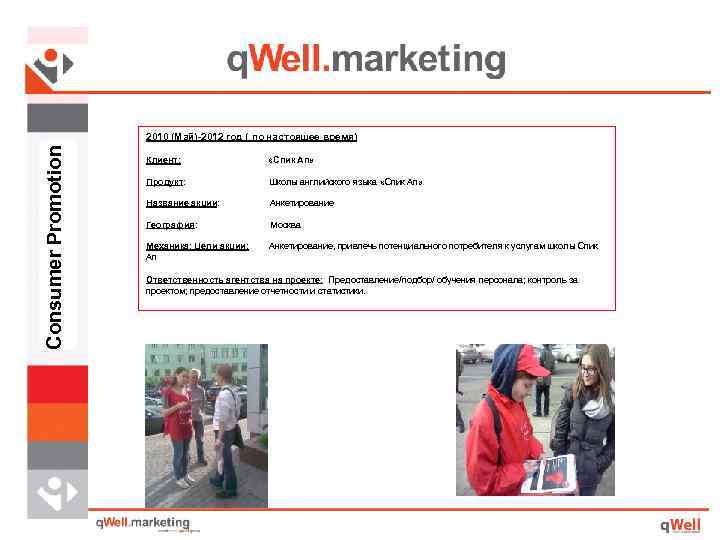Consumer Promotion 2010 (Май)-2012 год ( по настоящее время) Клиент: «Спик Ап» Продукт: Школы
