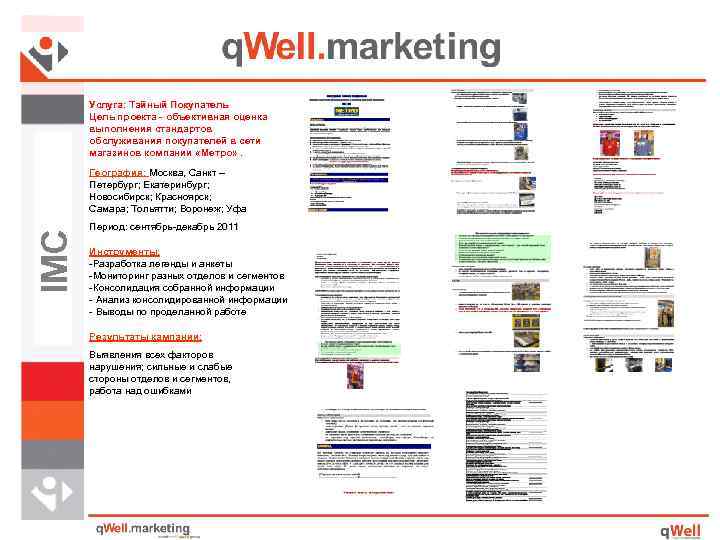 Услуга: Тайный Покупатель Цель проекта - объективная оценка выполнения стандартов обслуживания покупателей в сети