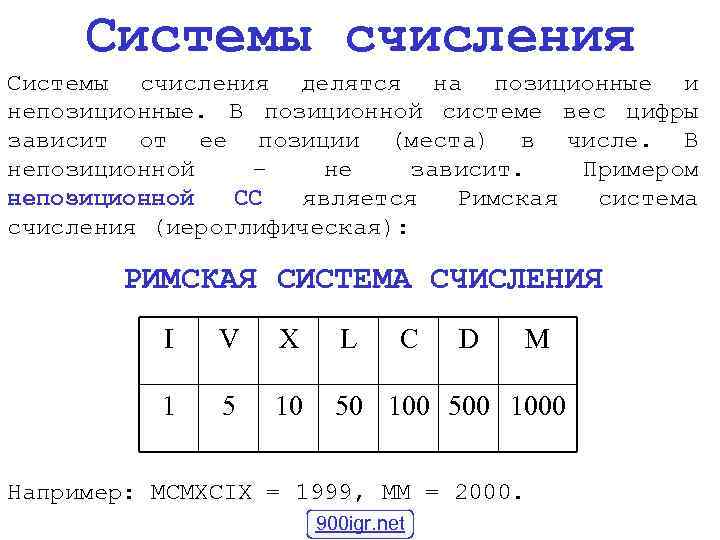 Системы счисления делятся на позиционные и непозиционные. В позиционной системе вес цифры зависит от