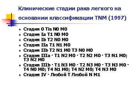 Клинические стадии рака легкого на основании классификации TNM (1997) n n n n Стадия