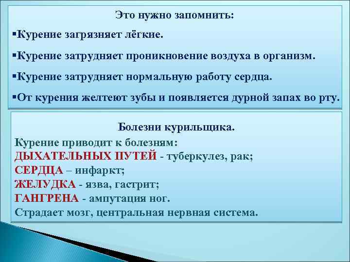 Это нужно запомнить: §Курение загрязняет лёгкие. §Курение затрудняет проникновение воздуха в организм. §Курение затрудняет