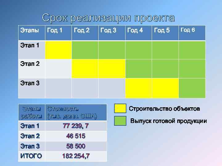 Срок реализации проекта Этапы Год 1 Год 2 Год 3 Год 4 Год 5