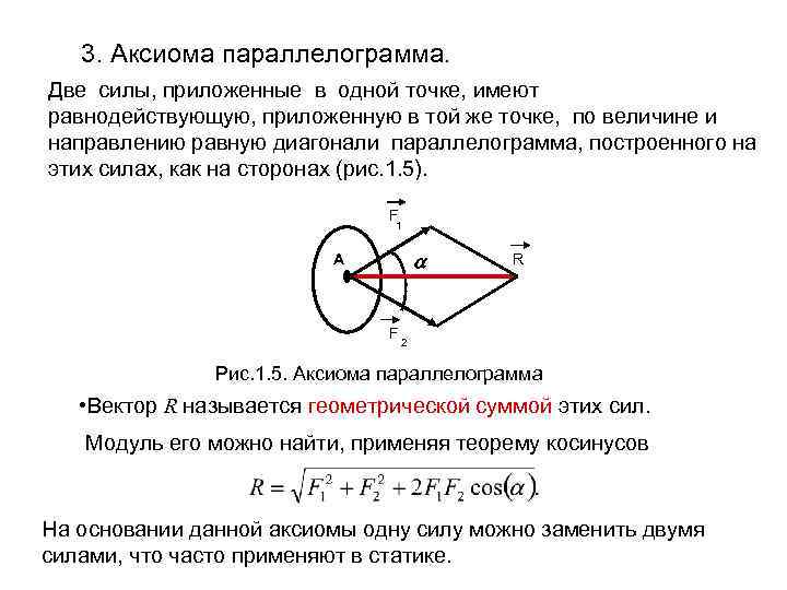 3. Аксиома параллелограмма. Две силы, приложенные в одной точке, имеют равнодействующую, приложенную в той