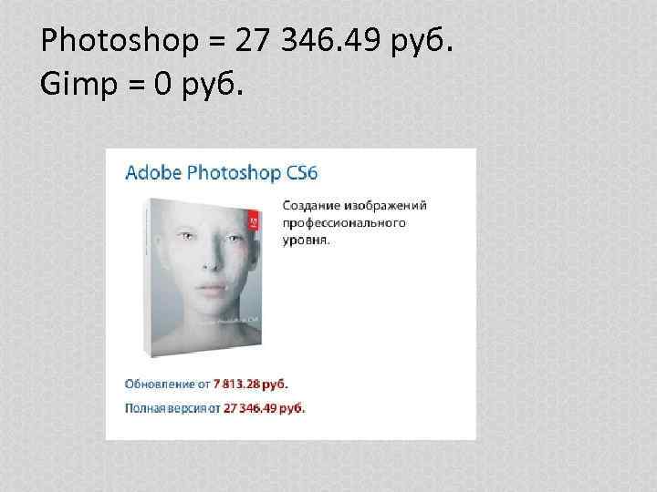 Photoshop = 27 346. 49 руб. Gimp = 0 руб. 