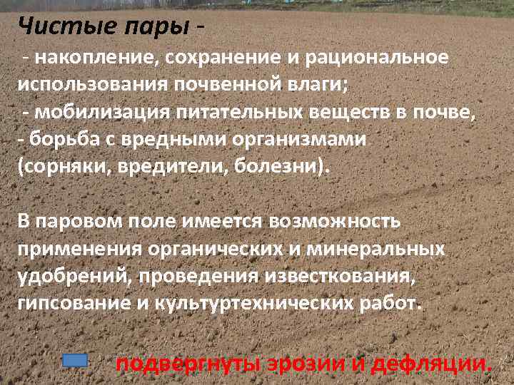 Чистые пары - - накопление, сохранение и рациональное использования почвенной влаги; - мобилизация питательных