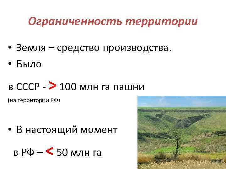 Ограниченность территории • Земля – средство производства. • Было в СССР - > 100