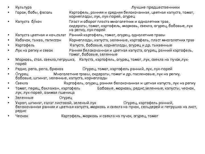  • • • • Культура Лучшие предшественники Горох, бобы, фасоль Картофель, ранняя и