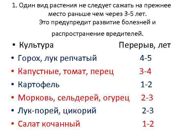 1. Один вид растения не следует сажать на прежнее место раньше чем через 3
