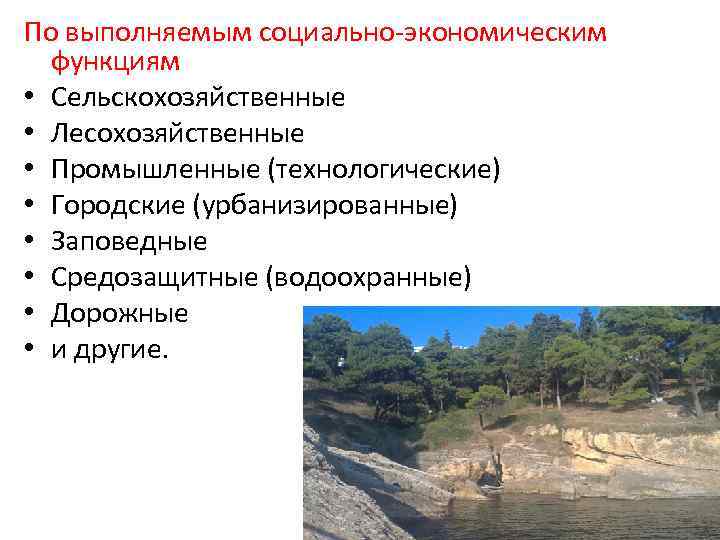 По выполняемым социально экономическим функциям • Сельскохозяйственные • Лесохозяйственные • Промышленные (технологические) • Городские