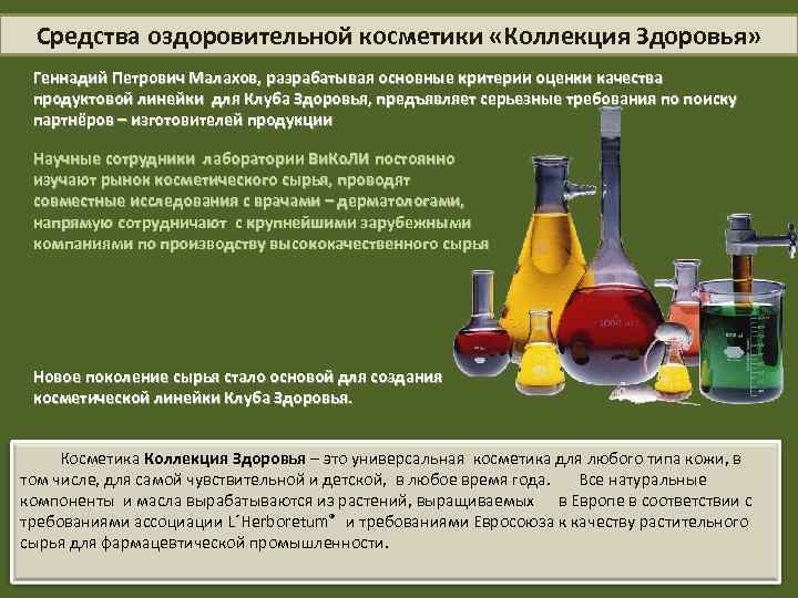 Средства оздоровительной косметики «Коллекция Здоровья» Геннадий Петрович Малахов, разрабатывая основные критерии оценки качества продуктовой