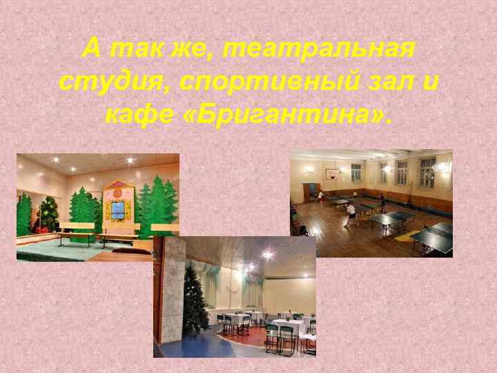 А так же, театральная студия, спортивный зал и кафе «Бригантина» . 