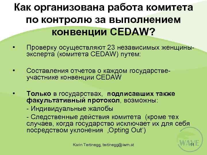 Как организована работа комитета по контролю за выполнением конвенции CEDAW? • Проверку осуществляют 23