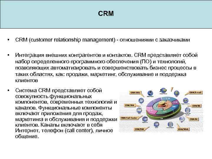 CRM • CRM (customer relationship management) - отношениями с заказчиками • Интеграция внешних контрагентов