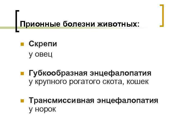 Прионные болезни животных: n Cкрепи у овец n Губкообразная энцефалопатия у крупного рогатого скота,