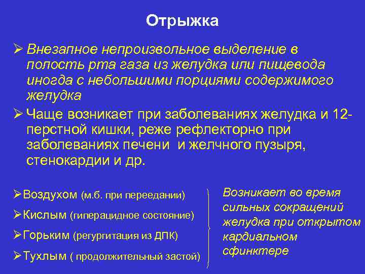 Отрыжка Ø Внезапное непроизвольное выделение в полость рта газа из желудка или пищевода иногда