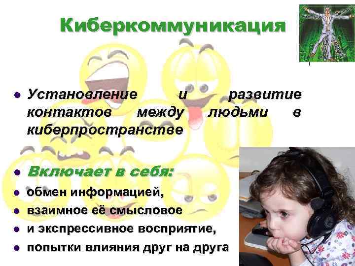Киберкоммуникация l l l Установление и контактов между киберпространстве развитие людьми в Включает в