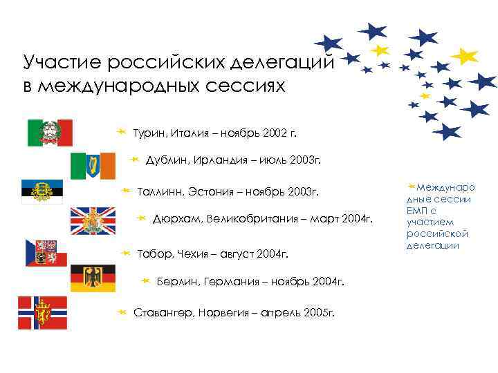 Участие российских делегаций в международных сессиях Турин, Италия – ноябрь 2002 г. Дублин, Ирландия