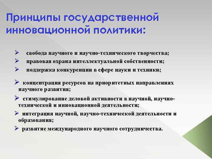 Государственный инновационный менеджмент. Принципы инновационной политики. Основные принципы государственной инновационной политики. Принципы формирования государственной инновационной политики. Основные направления государственной инновационной политики.