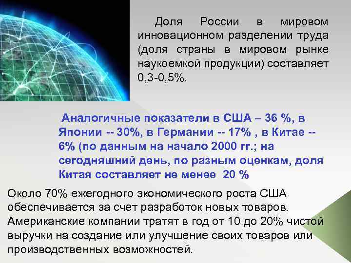  Доля России в мировом инновационном разделении труда (доля страны в мировом рынке наукоемкой