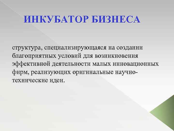 ИНКУБАТОР БИЗНЕСА структура, специализирующаяся на создании благоприятных условий для возникновения эффективной деятельности малых инновационных