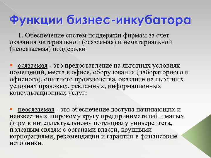 Функции бизнес-инкубатора 1. Обеспечение систем поддержки фирмам за счет оказания материальной (осязаемая) и нематериальной