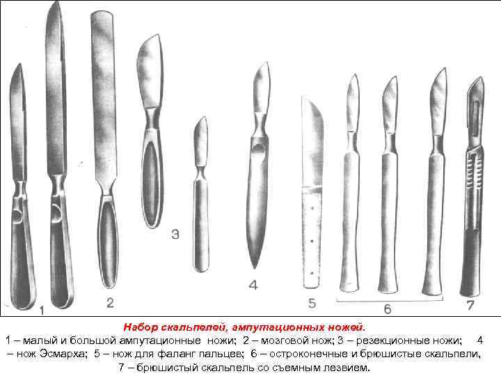 Набор скальпелей, ампутационных ножей. 1 – малый и большой ампутационные ножи; 2 – мозговой