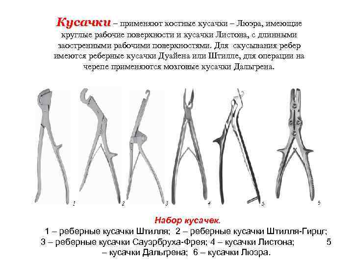 Кусачки – применяют костные кусачки – Люэра, имеющие круглые рабочие поверхности и кусачки Листона,