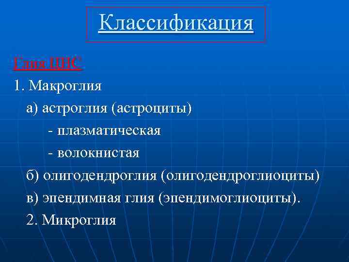 Классификация Глия ЦНС 1. Макроглия а) астроглия (астроциты) - плазматическая - волокнистая б) олигодендроглия