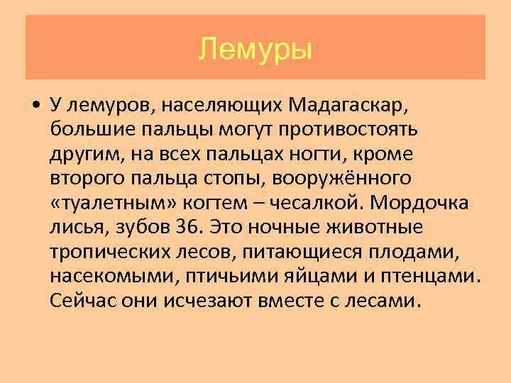 Лемуры • У лемуров, населяющих Мадагаскар, большие пальцы могут противостоять другим, на всех пальцах