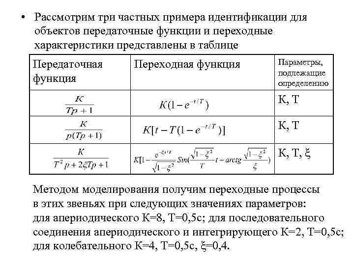  • Рассмотрим три частных примера идентификации для объектов передаточные функции и переходные характеристики